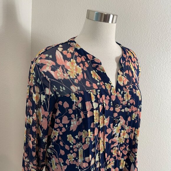 Cocomo Woman Plus 2X Floral Blouse Roll Tab Sleeve Tunic Top Stretch Mesh Shirt - Picture 2 of 9